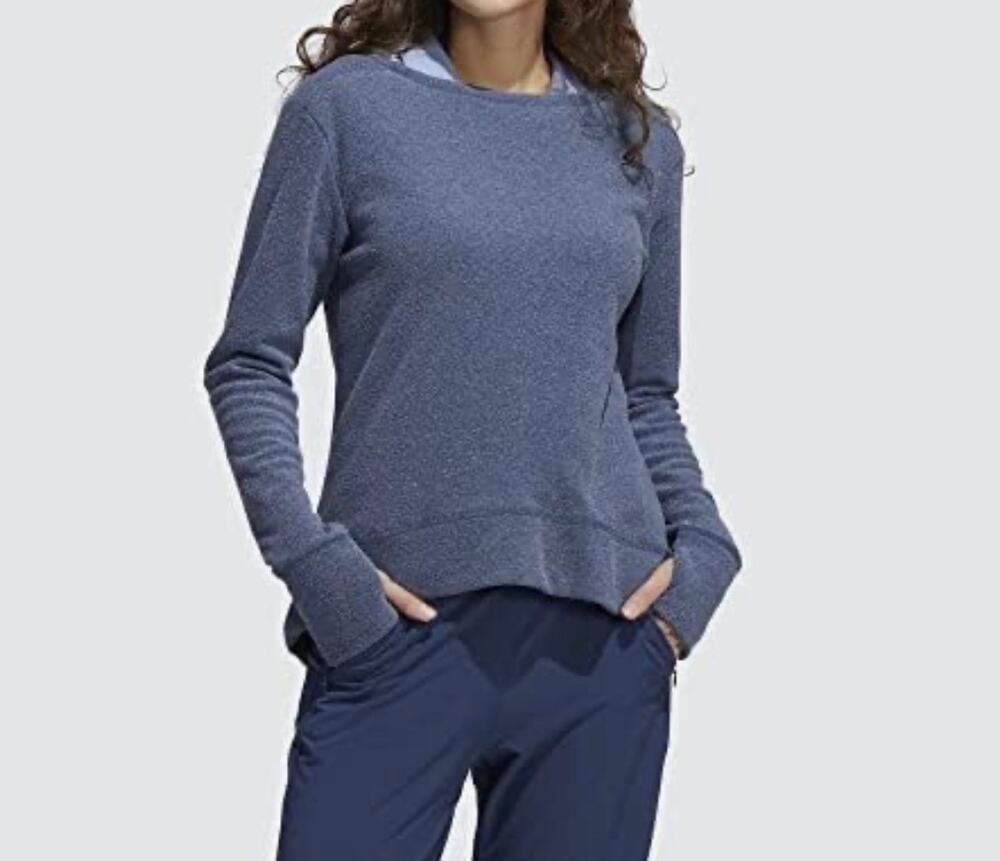 Adidas women's heathered Blue fleece Primegreen crew Golf Sweater Size XL, sport